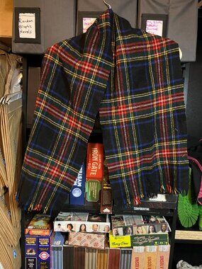Vintage Red Leaf Wanamaker Black Stewart Tartan Plaid 100% Wool Scarf Scotland